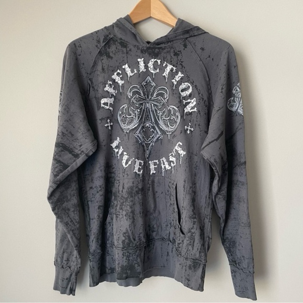 Vintage Y2K AFFLICTION Live Fast Hooded Long Sleeve Shirt Grey
